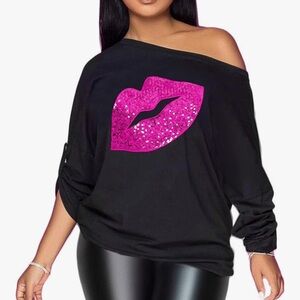 Pesion Black Off-Shoulder Top with Pink Lip Sexy Design